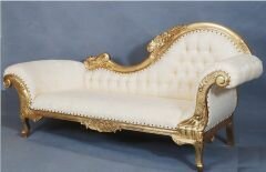Flower Carved Sofa In Gold Leaf with Cream Fabric 
